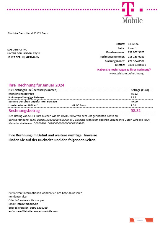 Germany T Mobile business utility bill template in Word and PDF formats